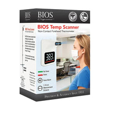 Non-contact forehead thermometer scanner box with woman wearing mask in office setting
