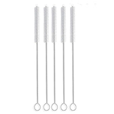 Set of five long stainless steel tube cleaning brushes with looped handles on white background