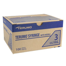 Box of Terumo syringes with needle, 3cc/mL, 100 units, medical supply packaging