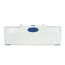 White medical wipe dispenser box with blue button on plain background