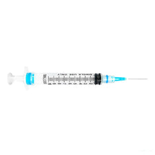 Sterile disposable medical syringe with needle on white background