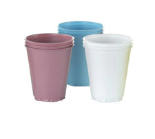 Stacked disposable plastic cups in mauve, blue, and white colors on white background