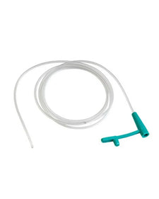 medical suction catheter with clear tubing and green connector on white background