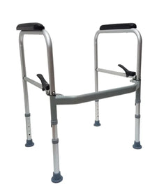 Adjustable aluminum toilet safety frame with padded armrests for bathroom support