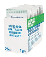 Safecross Bacitracin antibiotic ointment box, 25 single-use medical packets, first aid supply