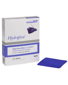 Hydrofera Blue antibacterial foam dressing 4x4 inch with product box, medical wound care pad