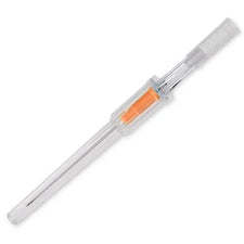 Sterile safety IV catheter with needle in clear protective casing on white background