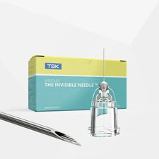 TSK The Invisible Needle box with fine hypodermic needle and close-up needle tip