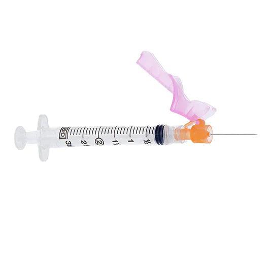 Disposable medical syringe with needle safety cap for home or clinical use