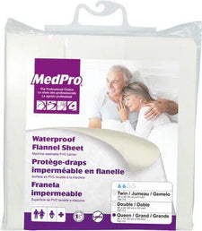 MedPro waterproof flannel sheet packaging with elderly couple, home care bed protector