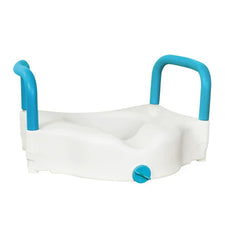 Raised toilet seat with blue safety handles for bathroom mobility aid