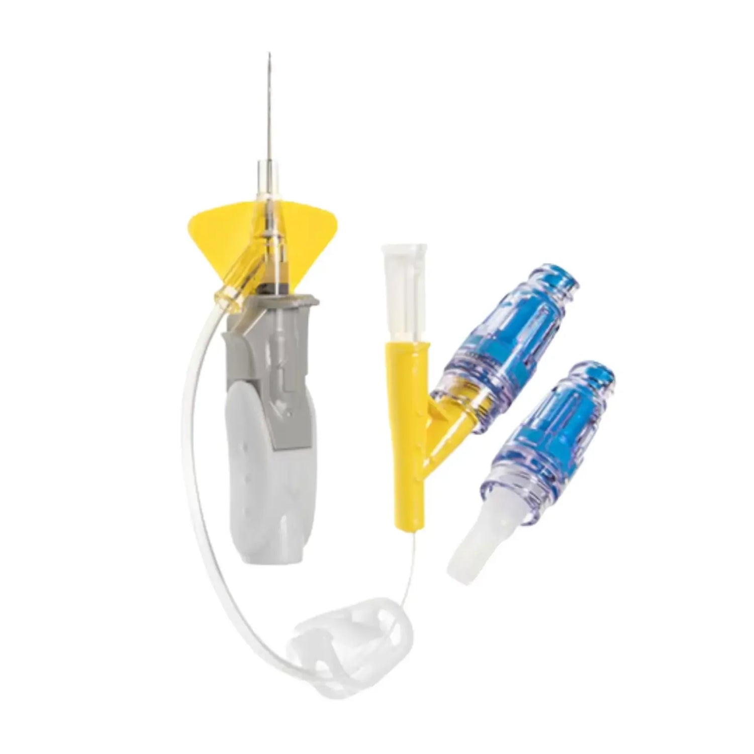 Intraosseous access kit with needle, connector, and blue caps for emergency medical use