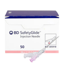 Box of BD SafetyGlide injection needles and a single safety needle, 18G 1.5 inch, medical supply