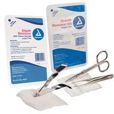 Sterile suture removal kit with staple remover, gauze, and surgical scissors on white background