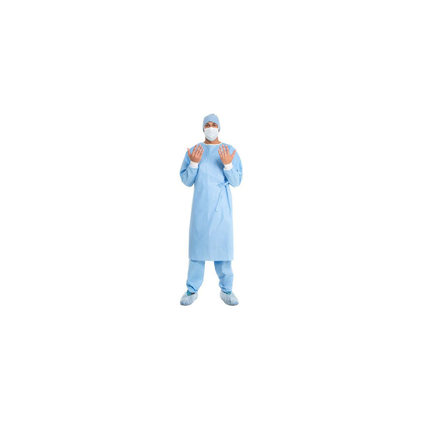 Healthcare worker in full blue surgical gown, mask, gloves, cap, and shoe covers