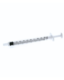 Sterile disposable medical syringe with black plunger, marked in milliliters on white background
