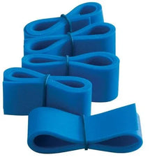 Blue medical tourniquets rolled in loops, used for blood draws and patient care