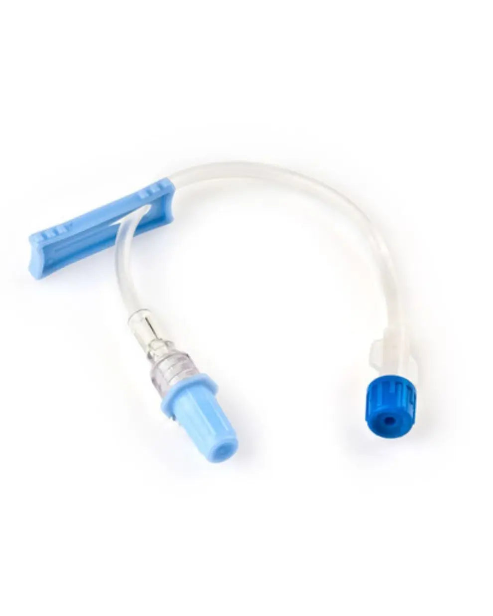 Medical IV extension set with blue Luer lock connectors on white background