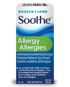 Bausch + Lomb Soothe Allergy eye drops box, antihistamine redness reliever 15 mL