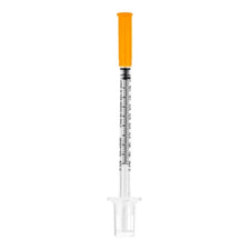 Disposable medical syringe with orange safety cap, clear barrel, and measurement markings
