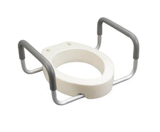 Raised toilet seat with padded handles for home care and mobility assistance