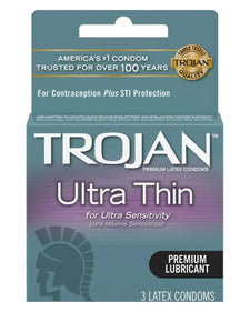 Trojan Ultra Thin latex condoms box, ultra sensitivity, premium lubricant, 3 count