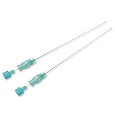 Two medical spinal needles with blue hubs for home care and hospital use on white background