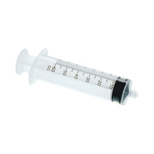 Clear 60ml medical syringe with measurement markings, isolated on white background