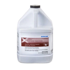 Large jug of Ecolab antimicrobial hand soap with white container and brown label
