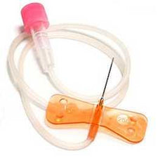 Butterfly infusion set with orange wings, safety cap, and transparent tubing for medical use