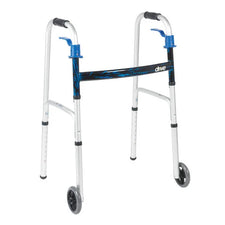 Lightweight folding walker with wheels, blue accents, and height adjustable handles for mobility support.