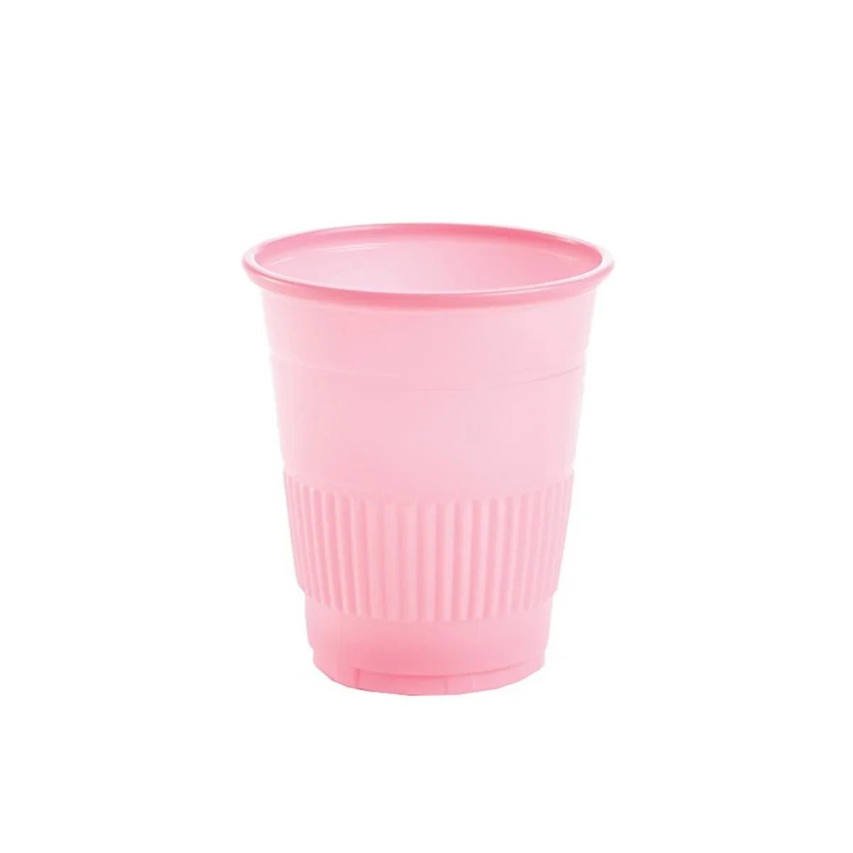 pink disposable plastic medicine cup with textured grip on white background