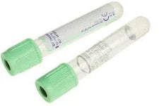 Two medical blood collection tubes with light green caps for laboratory or clinical use