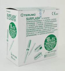 Box of Terumo SurFlash 18G IV catheters, 50 units, medical supply packaging