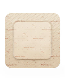 Square adhesive foam wound dressing for medical and home care, beige color, Mepilex Border.