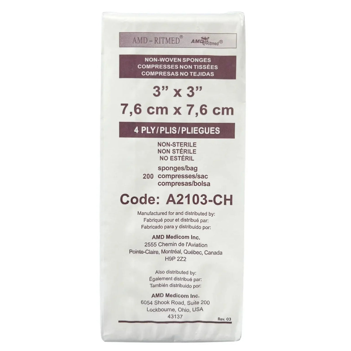 AMD-Ritmed 3" x 3" Non-Woven Gauze Sponges Non-Sterile 4 Ply | A2103-CH