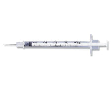 5 mL medical syringe with needle, transparent barrel and clear measurement markings