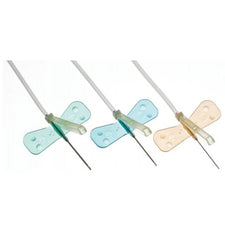 Butterfly winged infusion sets with colored wings and attached tubing for IV therapy