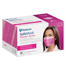 Box of Medicom SafeMask Master Series pink earloop ASTM Level 3 medical face masks