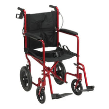 Lightweight red transport wheelchair with black seat, armrests, and footrests for mobility assistance