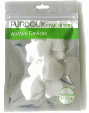 Purdoux CPAP filters for AirMini devices, 15 pack, medical supply packaging