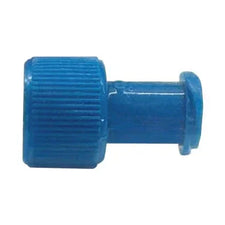 Blue medical IV cap with ribbed grip on white background, home care supply component