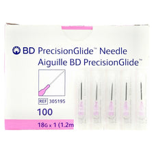BD PrecisionGlide sterile hypodermic needles 18G x 1 inch, box of 100, pink hub