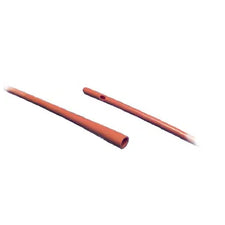 Red medical catheter with two open ends on white background
