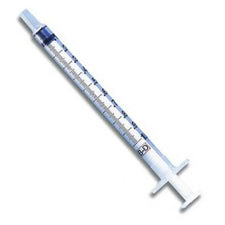 1mL disposable syringe with clear barrel and measurement markings on white background