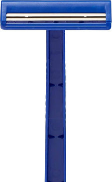 Blue disposable razor with double blades, used for personal hygiene and shaving care