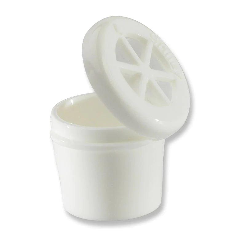 White medical specimen container with open hinged lid for laboratory or home care use