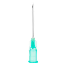 Hypodermic needle with teal plastic hub for medical or home care use
