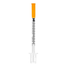 Sterile medical syringe with orange safety cap on white background