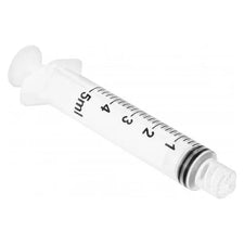 5ml disposable medical syringe with clear barrel and black plunger on white background